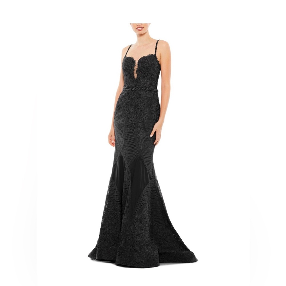 Mac Duggal Black Lace Dress maxi plunging v neck trumpet embroidered size 10